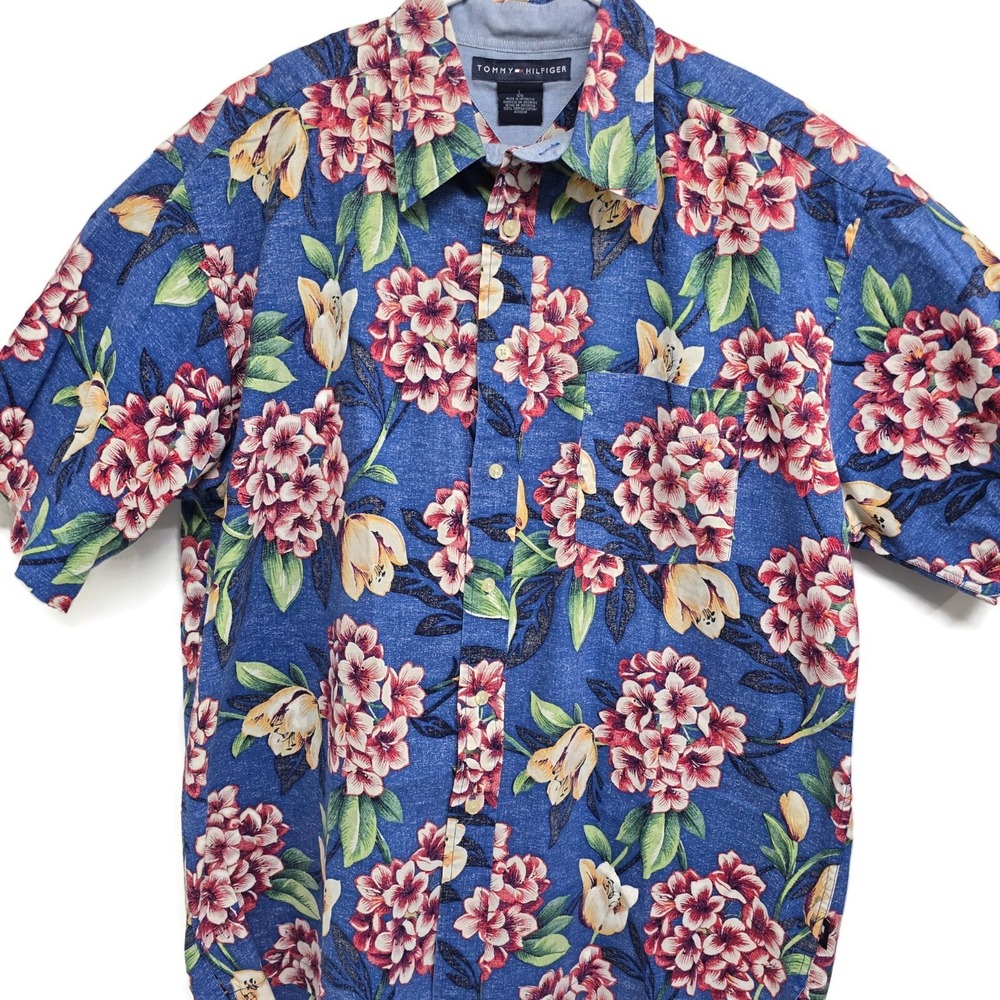 Tommy Hilfiger Mens Large Blue Floral Hibiscus Tropical Cotton Button Down Shirt